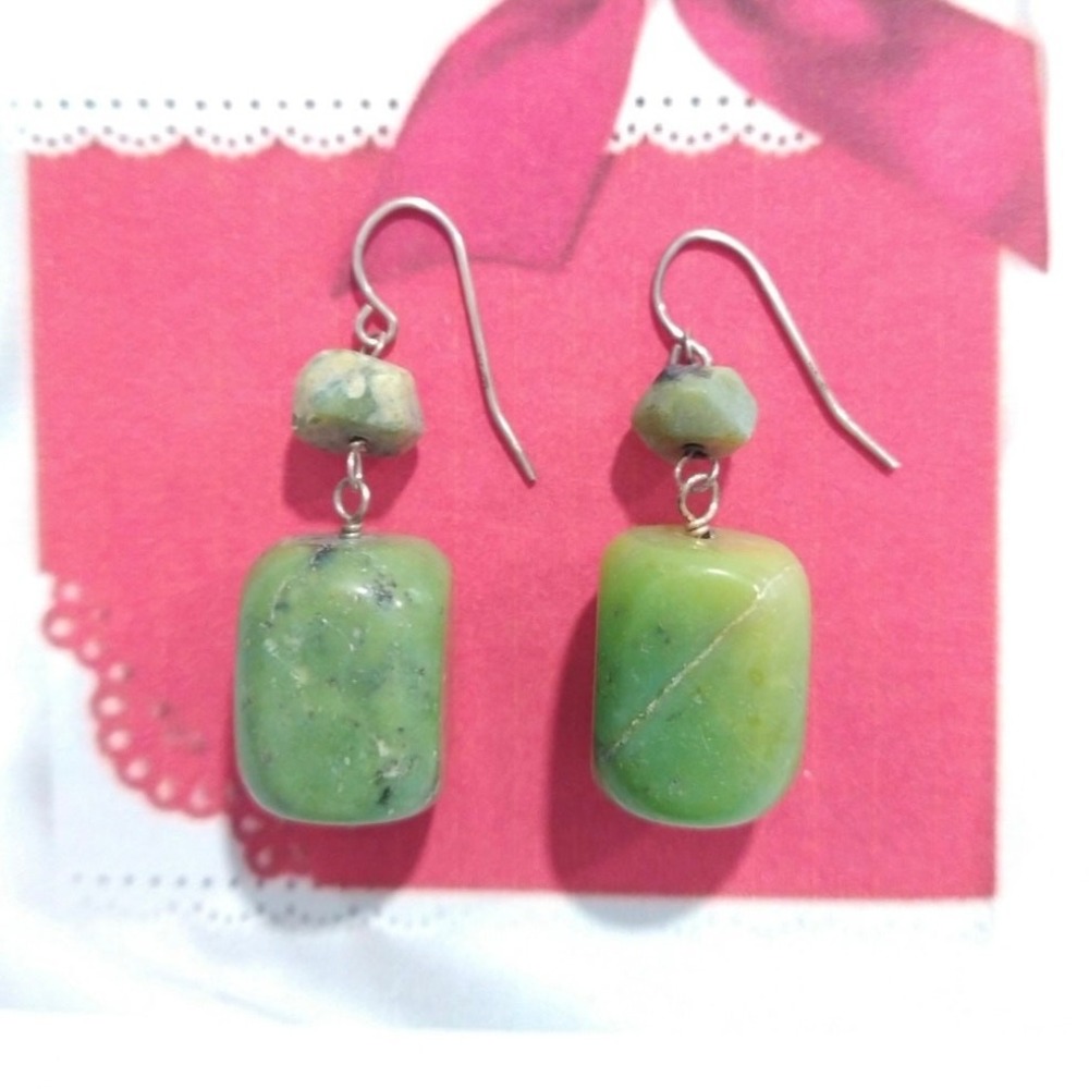Vtg Green Jade Beaded Dangle Earrings Sterling Silver 925 Hook Designer Signed